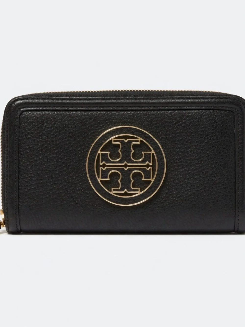 Tory Burch Black Leather Zip-Around Wallet with Gold Logo